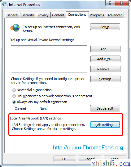 Google Chrome Proxy Server settings: Click LAN settings button in Internet Properties window