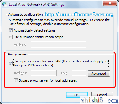 Google Chrome Proxy Server settings: Use a proxy server for your LAN